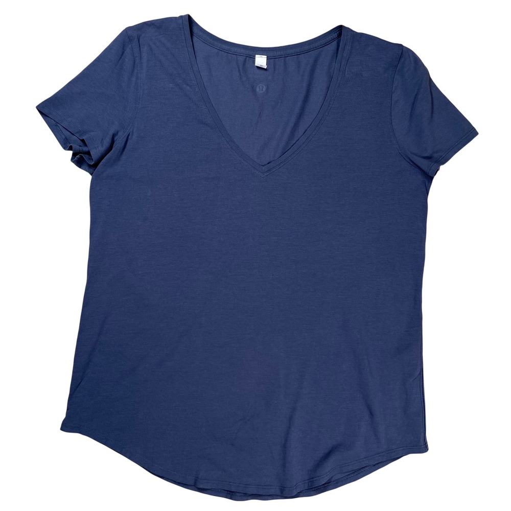 Lululemon Love Tee V-Neck Women Size 10 Navy Blue Short Sleeve Curved Hem Casual